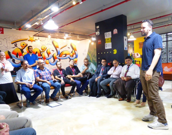A breakfast meeting for the main actors in Gaza’s tech ecosystem at the Gaza Sky Geeks offices